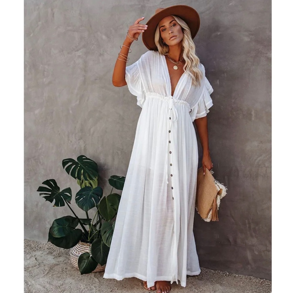 Elegant Amelia Beach Dress Swimsuit Cover-Up in White Oversized OSFM - Picture 4 of 12